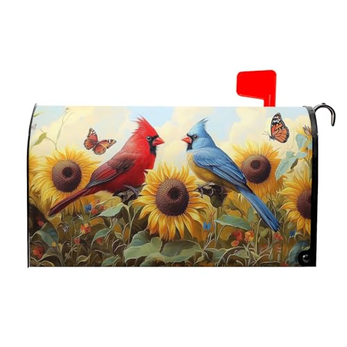 Image of Sunflower Birds Mailbox Cover Magnetic 25.5x21 Inch Large Size Spring Summer Floral Butterfly Waterproof Mailbox Wrap Post Cover for Outdoor Outside Garden Yard Seasonal Decor