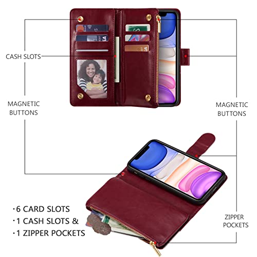 UEEBAI Wallet Case for iPhone 11 6.1 inch, PU Leather Magnetic Closure Handbag Zipper Pocket Case Kickstand Card Holder Slots with Wrist Strap TPU Shockproof Flip Cover - Wine Red