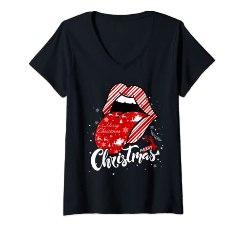 Mujer Labios sexy Cool Christmas Eve Day Pijamas lindos para Feliz Navidad Camiseta Cuello V