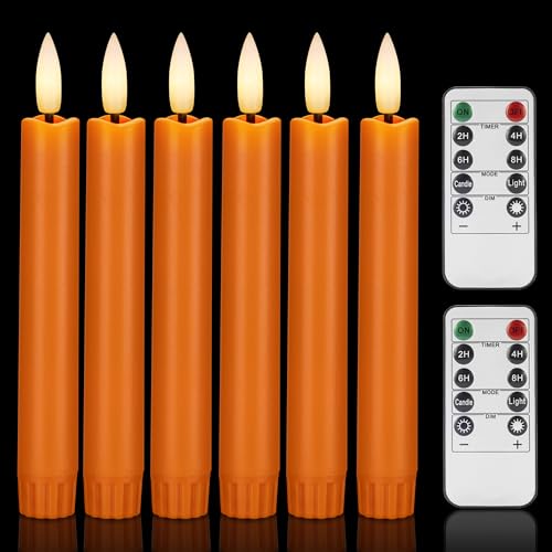Image of Orange Flameless Taper Candles, 6 Inch Plastic Battery Operated Candles with Remote, Flickering Short Led Candleticks for Fall, Thanksgiving, Harvest, Halloween Decor, 6 Pack