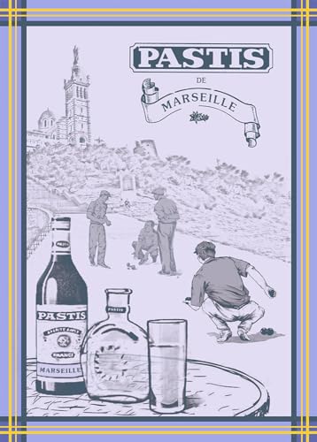 Autrefois Torchon Jacquard Bleu 48x70cm, Thème Marseille, Motif Bouteille de Pastis, Pastis Bleu