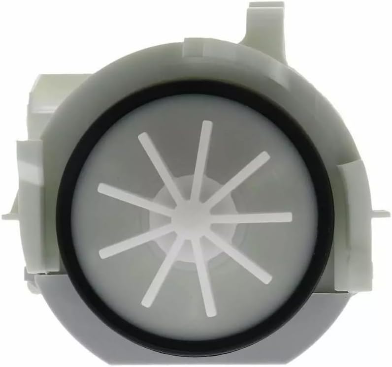 Жогорудан төмөн view of the white dishwasher drain pump, clearly showing the multi-bladed impeller.