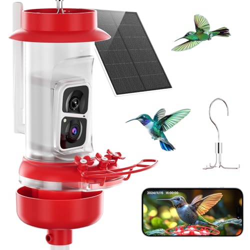 Soliom Hummingbird Feeder with Camera Smart Feeder Camera with 2K Live View AI Identify Leak Proof&Ant Moat&Bee Proof Outdoor Pole/Hook Hanging Ideal Gift for Family 16 OZ with Solar Panel Red