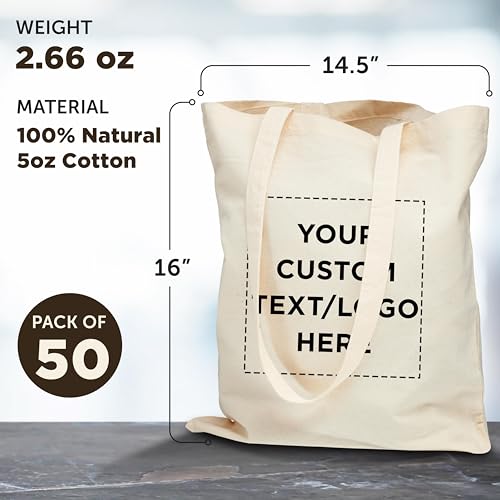 DISCOUNT PROMOS Custom Natural Cotton Fiber Tote Bags (Set of 50) - Personalized, Reusable & Eco-Friendly - Perfect for Grocery, Promotions, Branding - Natural Color, 14.5\"X16\", 5 OZ Cotton