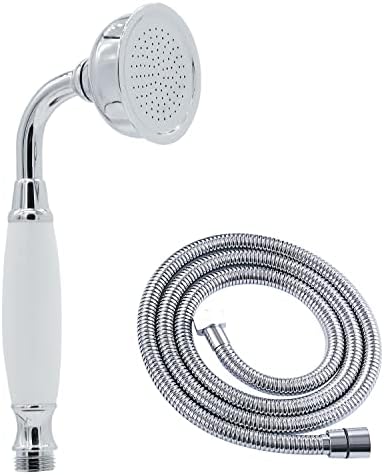 Chrome Vintage Handheld Shower Spray with 59inch Flexible Hose High Flow Antique Shower Head Replacement No Wand Holder, HOMEDEC Retro Round Telephone Shape Brass Handheld with Ceramic Handle