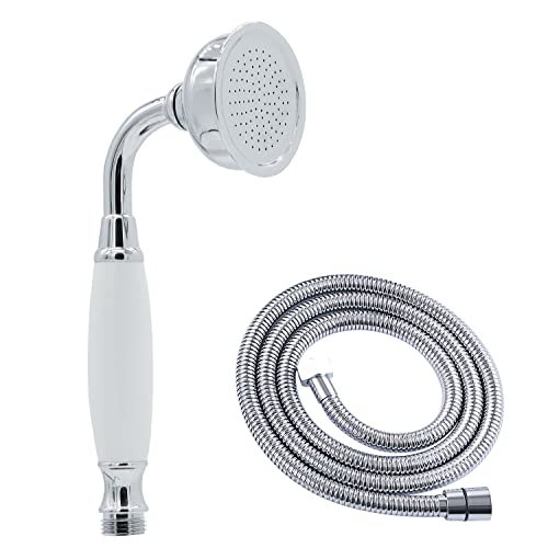 Chrome Vintage Handheld Shower Spray With 59Inch Flexible Hose High Flow Antique Shower Head Replacement No Wand Holder, Homedec Retro Round Telephone Shape Brass Handheld With Ceramic Handle #TOP10