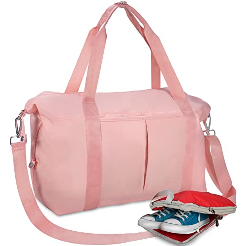 Pink Gym Duffel Bag with Shoe Compartment Carry On Bags for Personal Item, Waterproof Travel Duffle Bags for Tote Weekender Overnight Gymnastics Bag