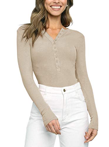 Women’s V Neck Long Sleeve Button Down Henley Shirt Ribbed Knit Stretchy Leotards Bodysuits Tops Nude Medium