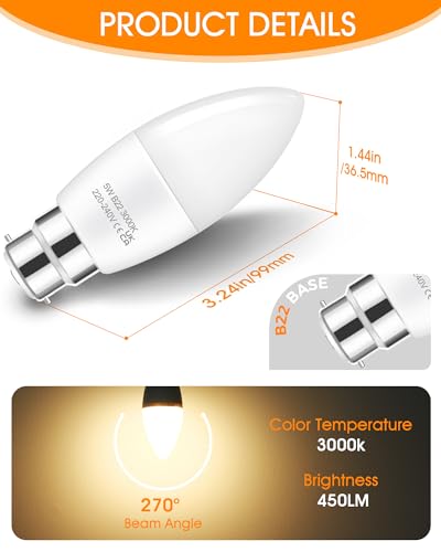 EvaStary B22 Candle Bayonet Light Bulb, 5W (40W Equivalent) B22 LED Bulbs Warm White 3000K, C37 LED Bayonet Candle Cap - Image 3