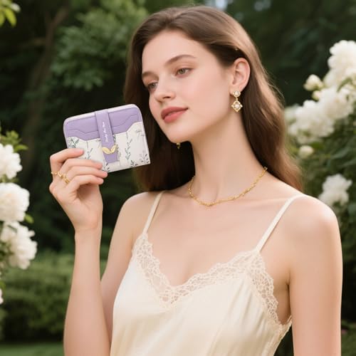 Image of BIAOTIE Wallet for Women Cute Floral Flower Wallet RFID Credit Card Holder Purse Small Bifold Zipper Coin Pocket Purse with ID Windows (Lavender Fl)