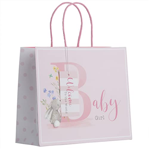 Partisan Products White Kraft Paper Rabbit Pink Baby Girl Gift Bag With Gift Tag Shopper Fully Recyclable Newborn Medium