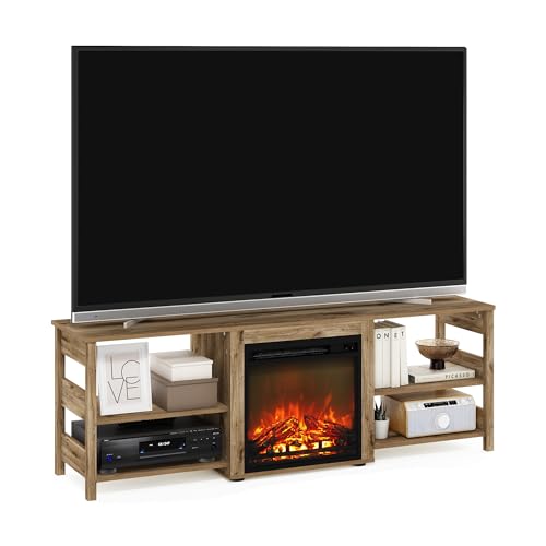 Image of Furinno Classic Fireplace TV Stand, Entertainment Center, TV Console for TV up to 70 Inch with Fireplace, for Living Room, Bedroom, Flagstaff Oak