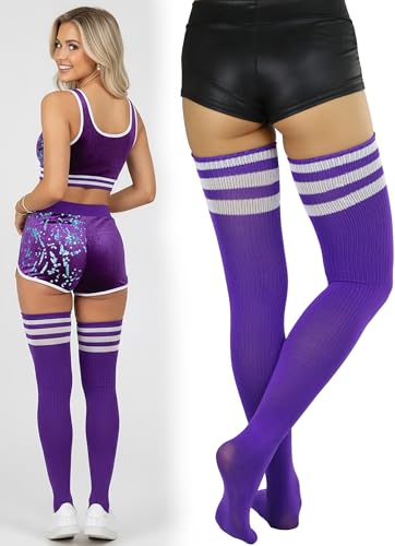 Image of ToBeInStyle Women's Heavyweight Knit Thigh High Long Socks w /Contrast 3 Stripe Top Band