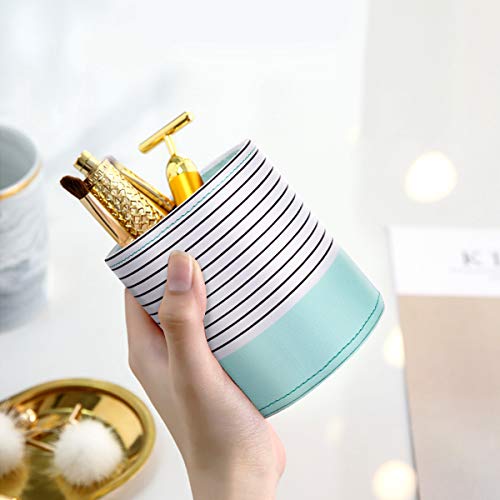 Image of Pen Holder, Pencil Cup Pot Desk Organizer Multi Purpose Use Cute for Adults Kids Luxury Leather Makeup Brush Holder for Home, Office, Classroom, Stripes Mint Green