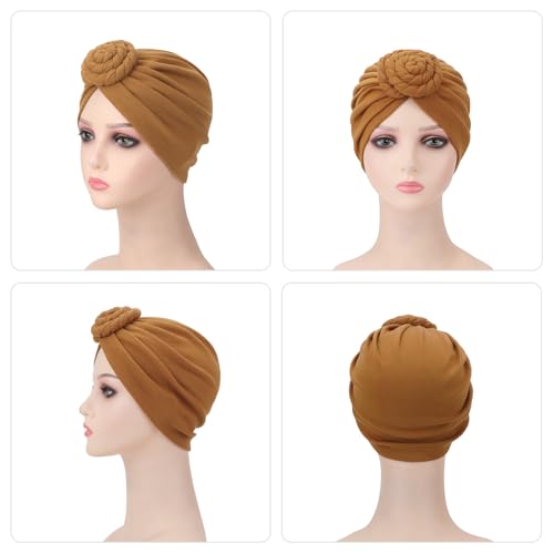 Image of DRESHOW 5 Pack Knotted Headwraps for Women African Turban Pre-Knotted Beanie Headwraps Hair Covers