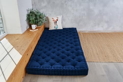 Image of ATOOTFUSION Soft Cotton Floor Box Mattress, 5-Inch Thick, Foldable, Movable, Medium Firm, Solid Colored (Navy Blue, Small Single 30X72X5 Inches)