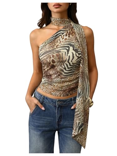 Image of RoseSeek Women's Y2K Leopard Polka Dots Halter Asymmetrical Neck Crop Tops