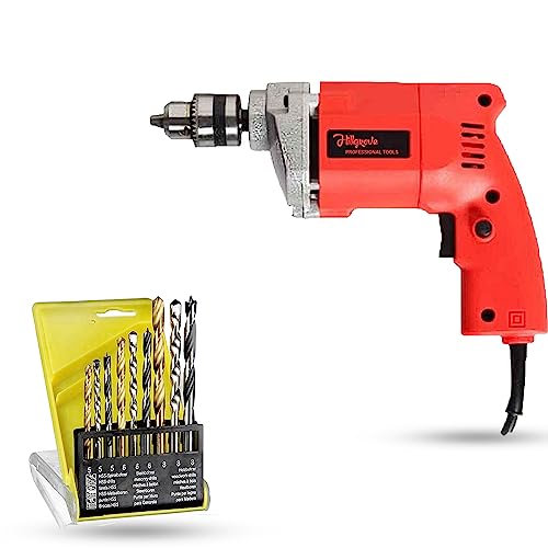Image of Hillgrove HGCM712M2 With All Purpose 10mm Drill Machine with 9Pcs All Type Drill Bits for Making Holes in Metal /Wood /Concrete Pistol Grip Drill