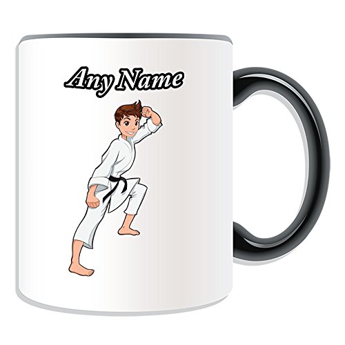 Regalo personalizado – Karate taza (artes marciales diseño tema, colores) – cualquier nombre/mensaje en su único – Kung Fu Kungfu japonés Japón Ryukyu Kingdom Karateka, cerámica, negro
