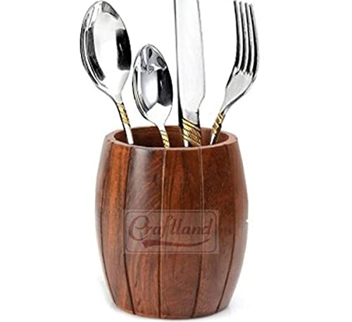 Image of Craftland Handmade Wooden (sheesham) Barrel Shaped Cutlery Holder /Spoon Holder /Multipurpose Stand (Set of 2)