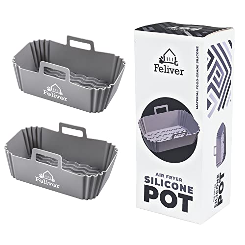 Feliver 2Pcs Air Fryer Silicone Pot Rectangular for Ninja Foodi Dual DZ201 8QT, Reusable Silicone Liner Replacement Baking Tray Basket Insert | Non-stick | Easy Cleaning | Food Safe | Gray