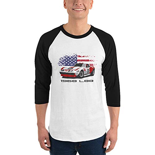 JG Infinite 1968 Chevy 'Vette L88 Owens Corning #12 Race Car 3/4 Sleeve Raglan Shirt White/Black, Car Fan Gift