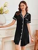 Ekouaer Nightgowns for Women Button Down Nightshirt Short Sleeve V Neck Nightdress Classic Boyfriend Sleepshirt Black L