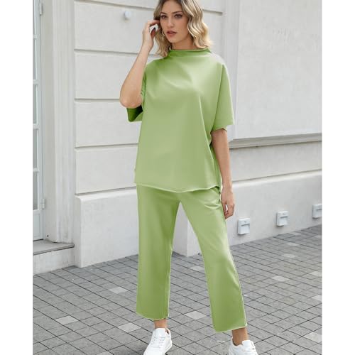 Image of SeeLuNa Women's Two Piece Outfits 3 /4 Batwing Sleeve Capelet Crew Neck Pullover Top Wide Leg Pants Lounge Set