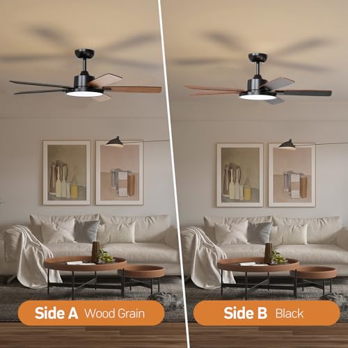 TALOYA 52 Inch Black Ceiling Fans with Lights Led Back Light Remote Control Flush Mount Low Profile for Bedroom Living Room Outdoor Patio,Reversible,DC Motor,3 Color Temperatures,5 Blades thumbnail 7