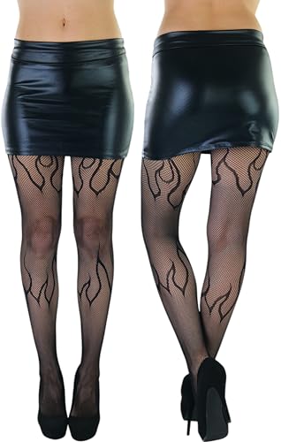 Image of ToBeInStyle Women's Flame Burning Fire Tights w /Devil-Inspired Print Hosiery