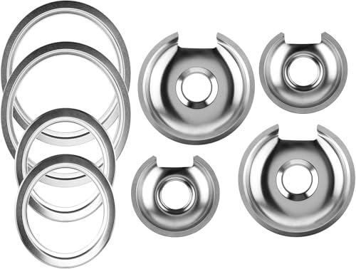 WB32X10012 WB32X10013 Chrome Stove Burner Drip Pan Set with WB31X5013 WB31X5014 Burner Rings by Fetechmate, 2 x 6' & 2 x 8' Stove Drip Pans Compatible with G-E, Hot-point Stove - 1 Year