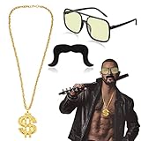 3 Stück 80er 90er Jahre Hip Hop Kostüm Set für Herren Damen mit Rapper Gold Kette Disco Dollar Halskette Gelb Sonnenbrille Falschem Schnurrbart für Hippie Party Kostüm Zubehör
