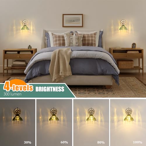 Image of Shenmoyl Battery Operated Wall Sconce Set of 2, Vintage Rechargeable Wall Lights with Green Lily Glass Shade, Wireless Indoor Wall Lamp with Remote for Bedroom Living Room Bathroom