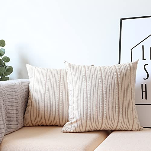 Navibule Tan Pillow Covers Decorative Farmhouse Linen Throw Pillow Covers Striped Square Throw Pillows For Couch Sofa Bed Pack Of 2 18X18 In Cream And Beige #TOP1