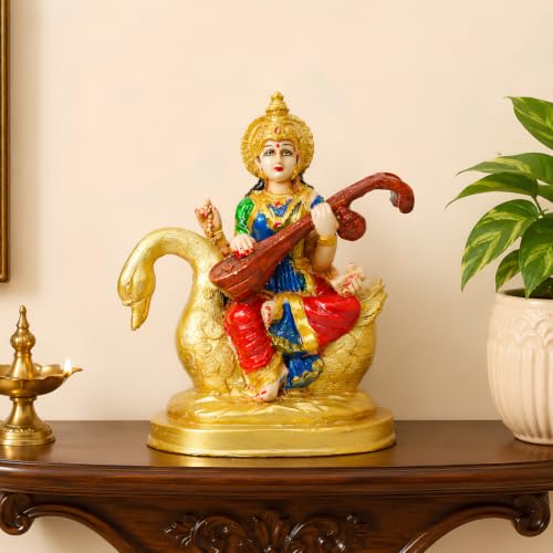 Image of Goddess Saraswati Idol with Veena & Swan (5.5 Inch) - Colorful Maa Saraswati Murti for Home, Office & Study Room