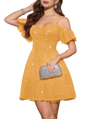Meetjen Womens Sequin Tulle Short Cocktail Dresses Teens, Yellow, L