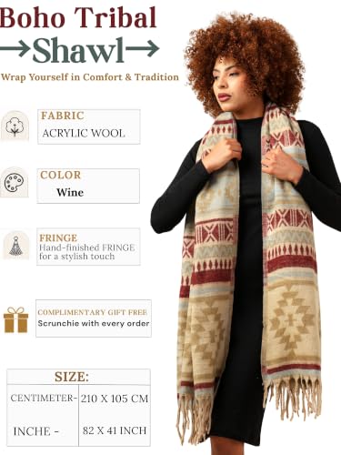 Image of KE KANHA EXPORTS Women Winter Shawl|shawl for women winter|scarf for woman stylish|boho border print|lightweight warm silky soft|210x105 Cm