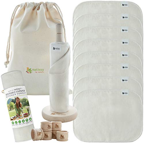 Paperless Paper Towels, 10-Pack Organic Cotton Reusable Paper Towels Washable Roll On A Holder, Washable Cloth Paper Towels, Fabric Paperless Towels, Reusable Paper Towel Replacement Cloth Alternative #TOP6