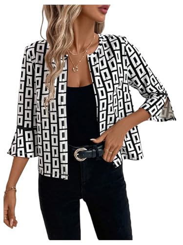 SweatyRocks Women's Open Front Flare 3/4 Length Sleeve Lightweight Cropped Jacket Casual Outwear