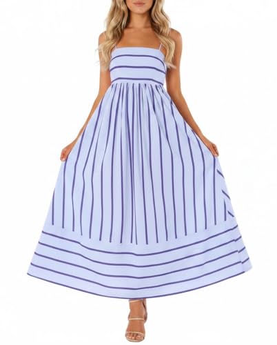 Image of chouyatou Women's Striped Back Smocked Maxi Dress Sexy Spaghetti Strap Cut Out Flowy Swing Long Dress