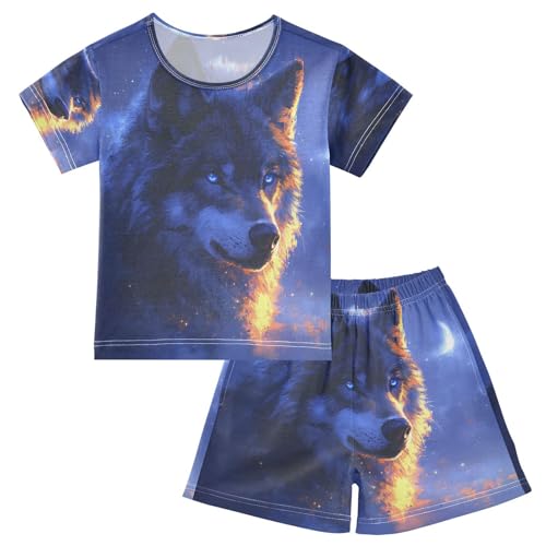 ALAZA Wolf Moon Magic Pajamas Set Short Sleeve Cotton Sleepwear Summer Pjs 2 Piece 5-14Y
