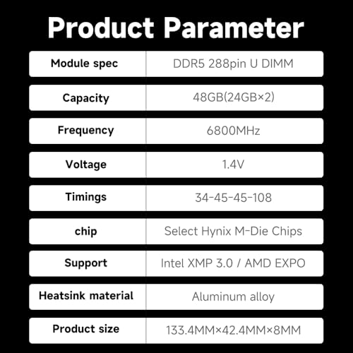Image of KingBank Computer Desktop Memory Ram DDR5 48GB(2x24GB) 6800MT /s CL32 /CL34 1.4V with Heatsink for PC Gaming /Office /PS,Hynix New 3GB M-die