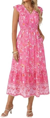 GRACE KARIN Women's Elastic Waist V-Neck Ruffle Sleeve A-Line Dre...