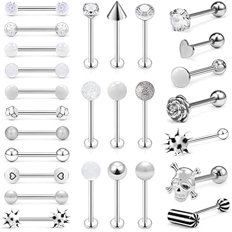 Leiainely Flat Ball Back Bottom 14g 14 Gauge Metal Plastic Acrylic Balls Tongue Rings Piercing Jewelry for Women Men Surgical Stainless Steel Cover