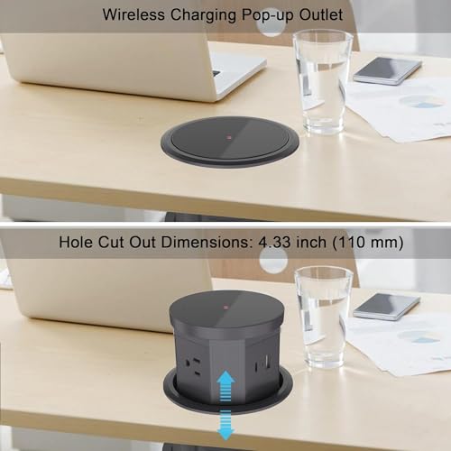 Image of Audiovan Vertical Pop Up socket Pneumatic Electrical Countertop, 3* Power+ USB type A+C charge+ 18 watt Fast Wireless phone charge Kitchen Counter Conference Desk (AVT-VMP24) (BLACK)