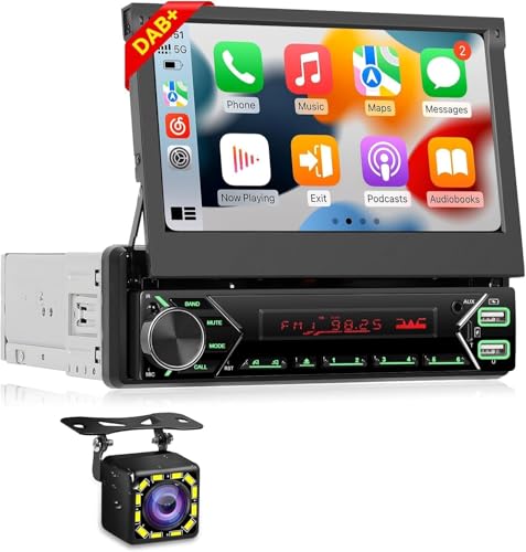 NHOPEEW Autoradio 1 Din DAB/DAB+ con touchscreen retrattile da 7 pollici - Supporto autoradio 1 Din Senza fili Carplay/Android Auto/Mirror Link/FM/EQ + telecamera di backup