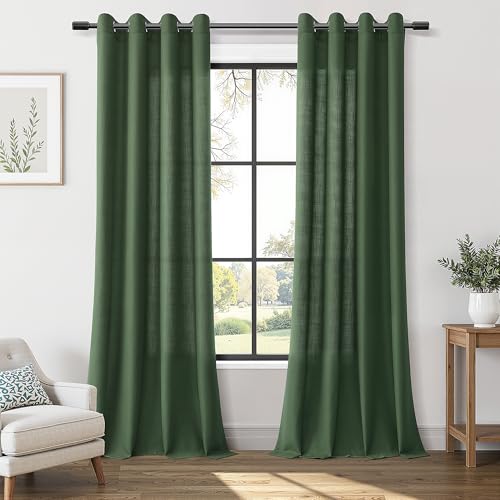 Image of Nanspring Olive Green Linen Curtains 84 Inch Length for Living Room 2 Panels Grommet Design Semi Sheer Light Filtering Curtain Country Farmhouse Modern Drapes for Living Room Bedroom Office 52x84