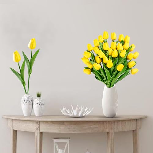 Image of Sggvecsy 15 Pcs Fake Tulips Artificial Flowers Real Touch PU Faux Flowers Tulip Stems for Wedding Spring Bouquet Floral Arrangement Home Party Office Decorations for Mother's Day (Yellow)