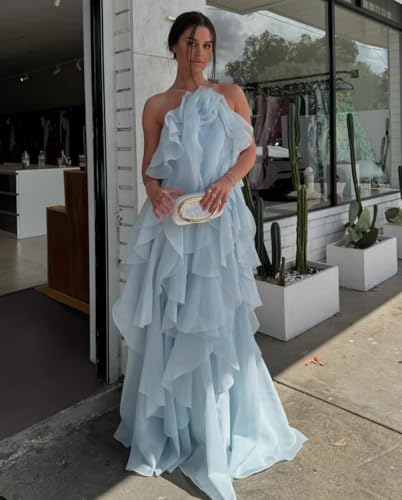 Chiffon 3D Flower Prom Dress Spaghetti Strap Tiered Ruffles Bridesmaid Dresses Backless Long Evening Party Gown2