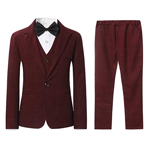 Swotgdoby Boys Plaid Suits 3 Pieces Suit Set Blazer Vest Pants Formal 7 Colors For Wedding Party Red #TOP3